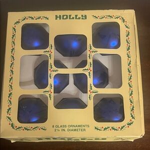Vintage Holly Blue Glass Ornaments Set